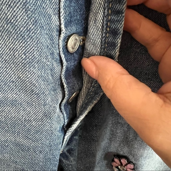 Zara High Rise Button Fly Straight Distressed Gem Bedazzled Raw Hem Denim Jeans - Picture 10 of 14